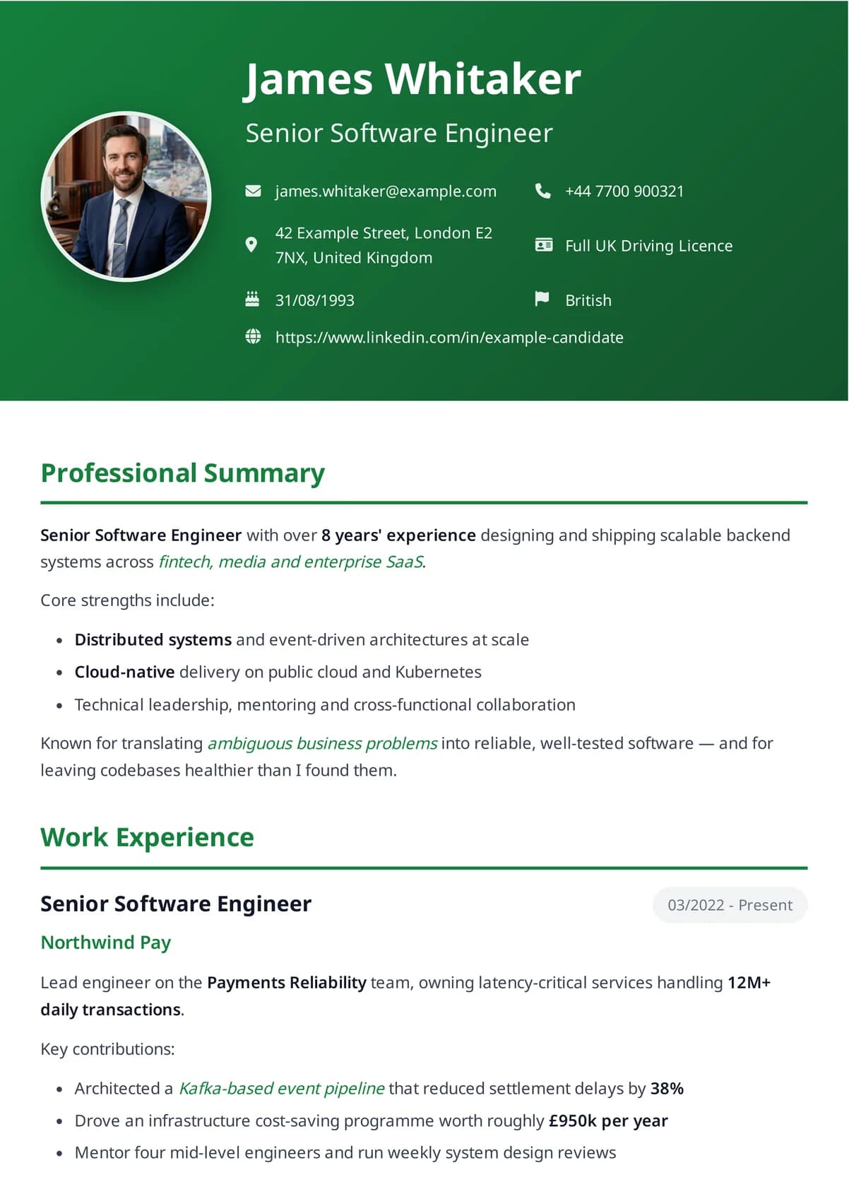 Resume template preview from the NoBsResume builder